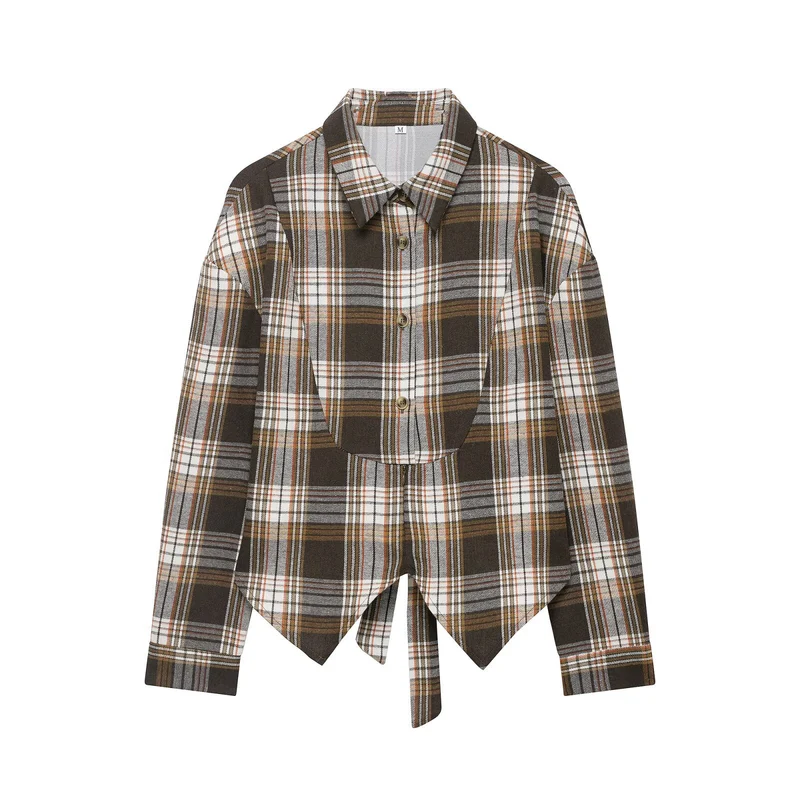 Damen Karo-Bluse mit Puffärmeln und taillierendem Bindegürtel Drune