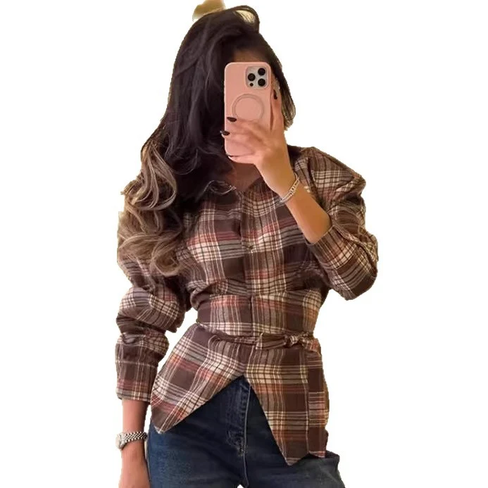 Damen Karo-Bluse mit Puffärmeln und taillierendem Bindegürtel Drune