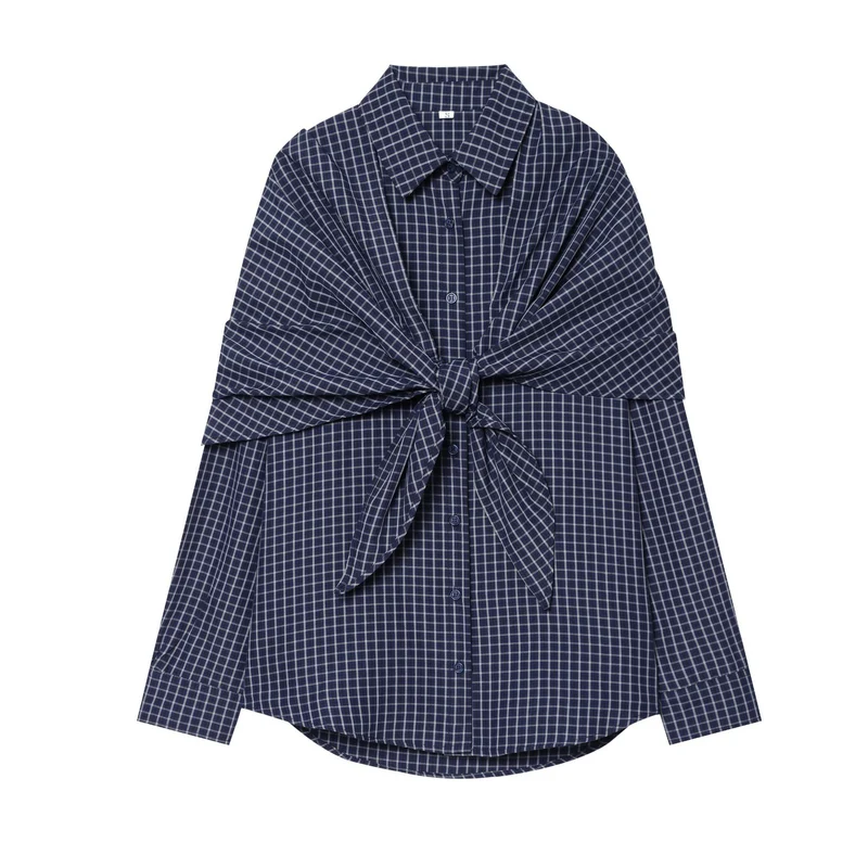 Damen Karo-Bluse mit Knotendetail und Oversize-Schnitt Drune