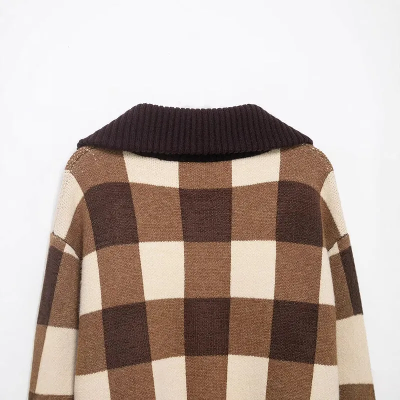 Damen Kariertes Strick-Cropped-Cardigan mit Reißverschluss und breitem Rippenkragen Drune