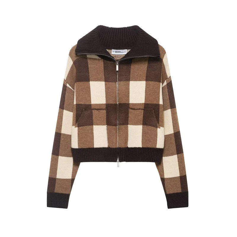 Damen Kariertes Strick-Cropped-Cardigan mit Reißverschluss und breitem Rippenkragen Drune
