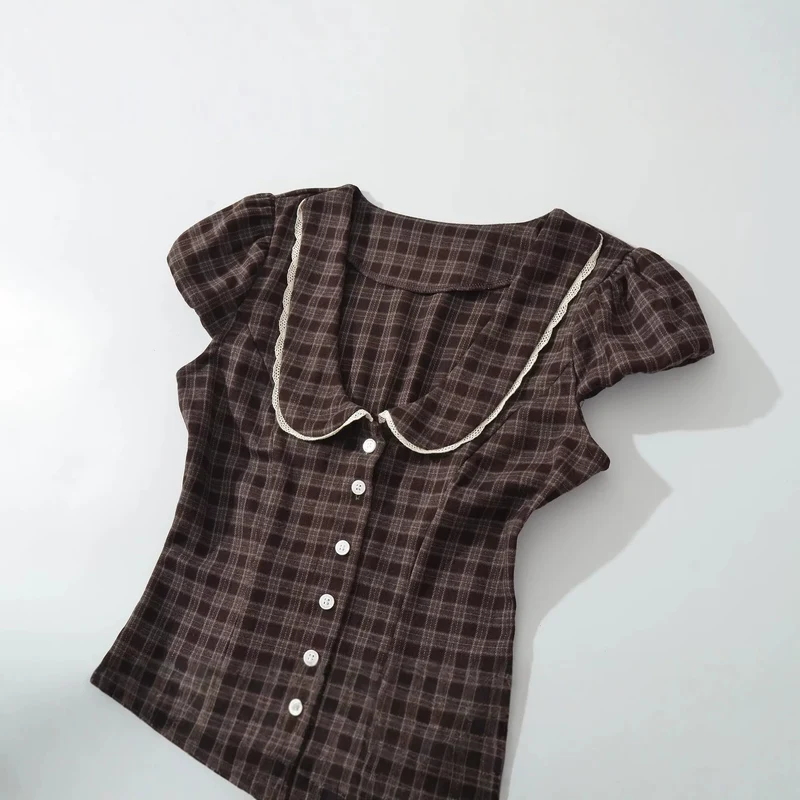 Damen Kariertes A-Linien-Minikleid mit kontrastierendem Bubikragen und Knopfleiste Drune
