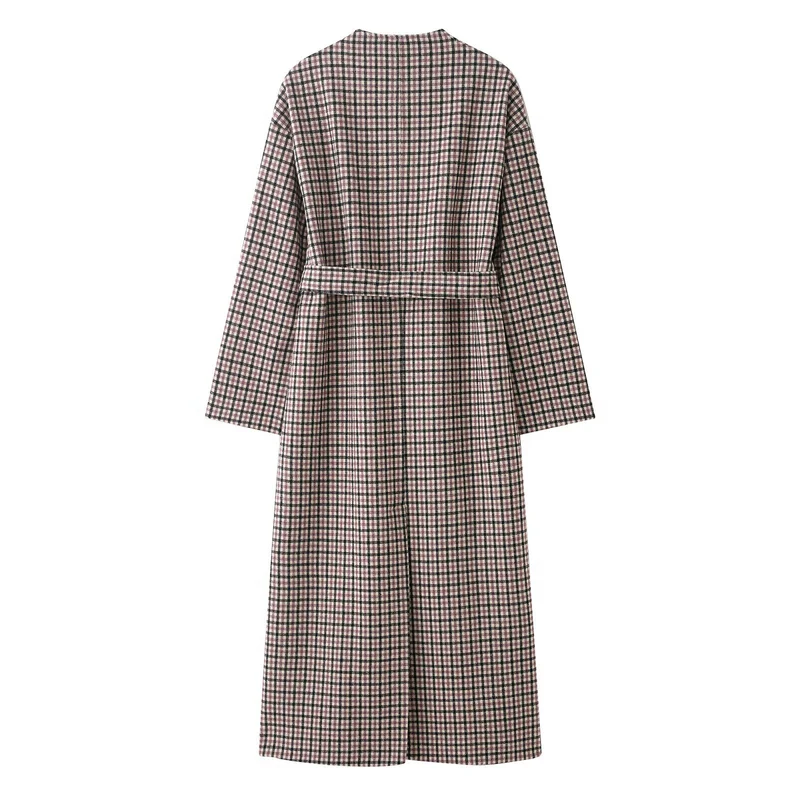 Damen karierter Midi-Mantel mit Taillengürtel und Rundhalsausschnitt Drune