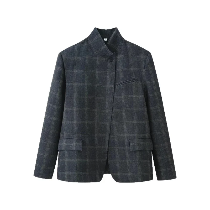 Damen Karierter Kurzblazer mit Stehkragen und Pattentaschen Drune
