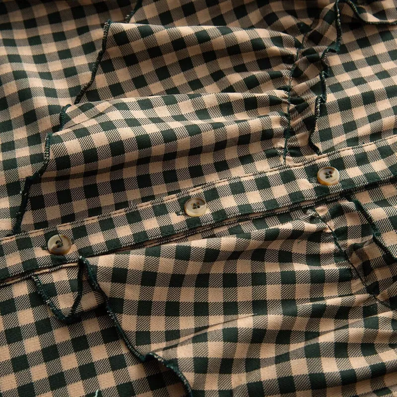 Damen Karierte Rüschenbluse mit Stehkragen und Volantdetails Drune