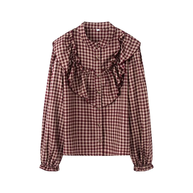Damen Karierte Rüschenbluse mit Stehkragen und Volantdetails Drune
