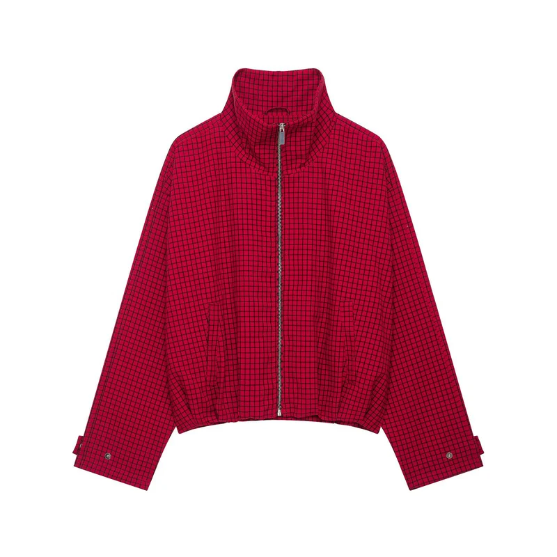 Damen Karierte Cropped-Boxy-Übergangsjacke mit hohem Stehkragen und Reißverschluss Drune
