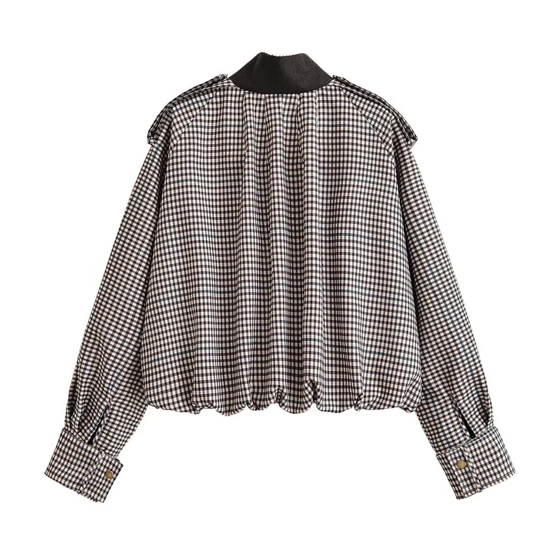 Damen Karierte Cropped-Boxy-Jacke mit Stehkragen, Pattentaschen und elastischem Saum Drune