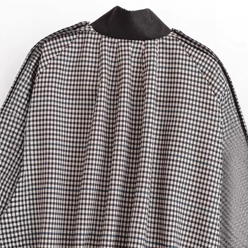 Damen Karierte Cropped-Boxy-Jacke mit Stehkragen, Pattentaschen und elastischem Saum Drune