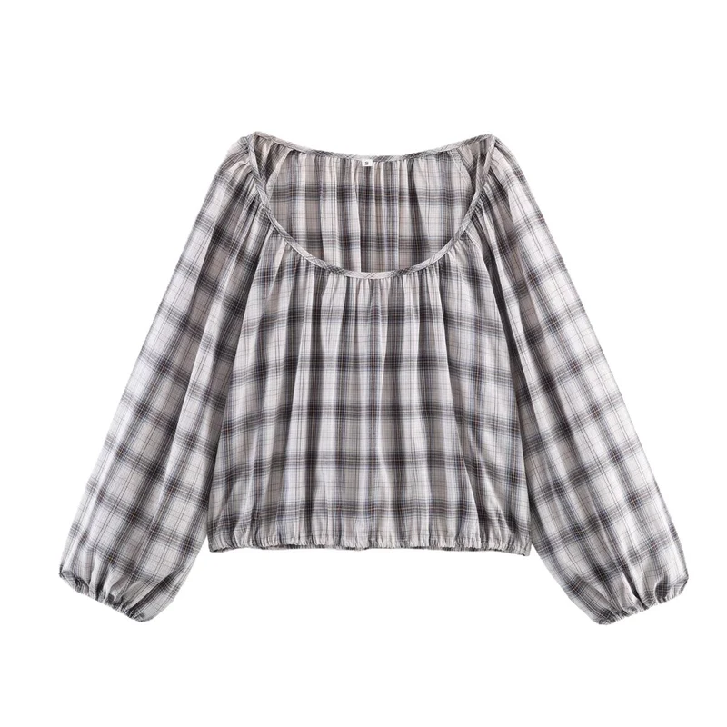 Damen Karierte Carmen‑Bluse mit weitem Ausschnitt, Ballonärmeln und elastischem Saum Drune