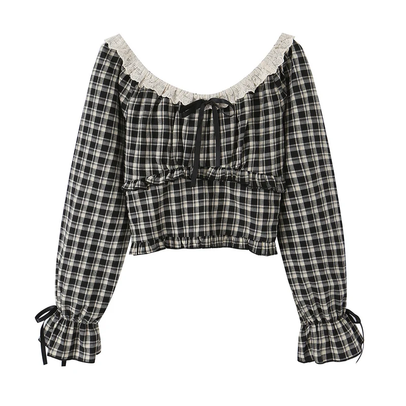 Damen Karierte Carmen-Bluse mit Rüschenkragen, Bindebändern und geraffter Cropped-Silhouette Drune