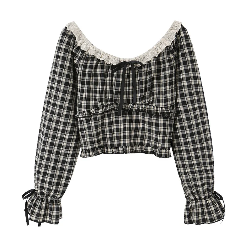 Damen Karierte Carmen-Bluse mit Rüschenkragen, Bindebändern und geraffter Cropped-Silhouette Drune
