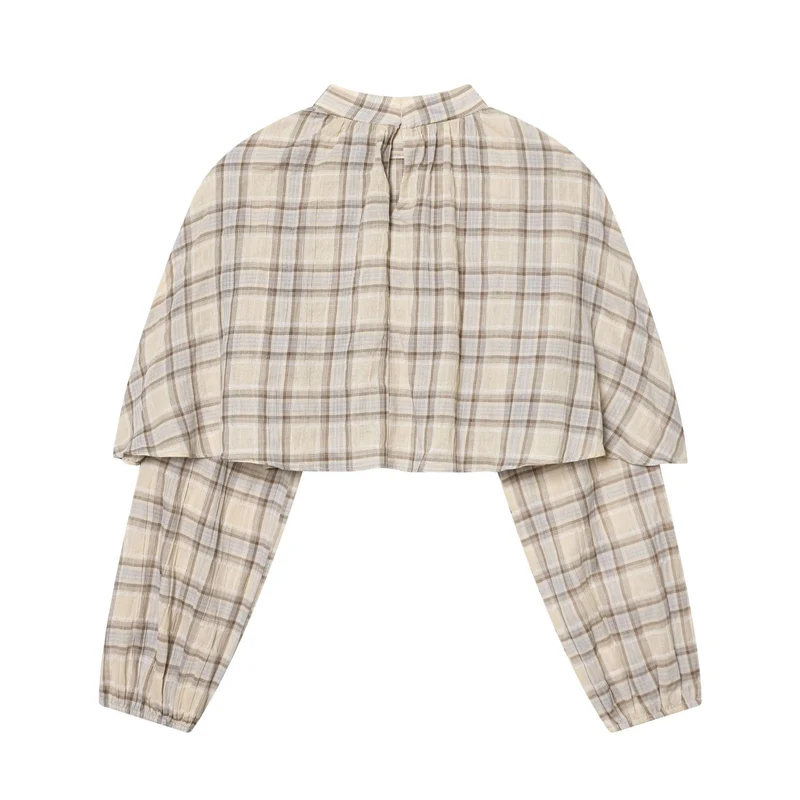 Damen Karierte Bluse mit Stehkragen, gerafftem Yoke und voluminösen Raglanärmeln Drune