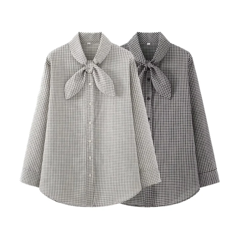 Damen Karierte Bluse mit Schleifenkragen und Oversize-Schnitt Drune