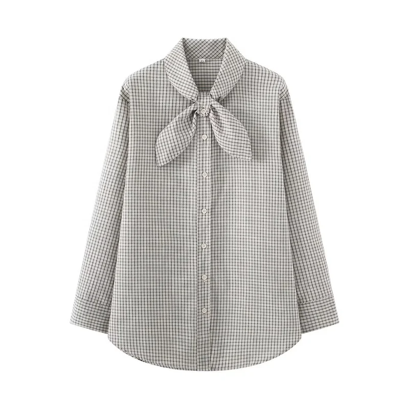 Damen Karierte Bluse mit Schleifenkragen und Oversize-Schnitt Drune