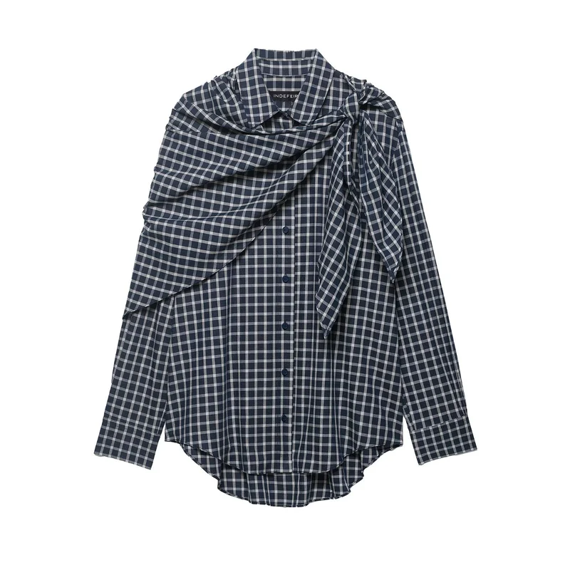 Damen Karierte Bluse mit asymmetrischem Schal‑Drapé und Hemdkragen Drune