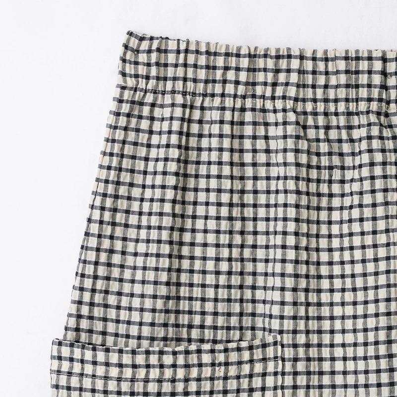 Damen Karierte Baumwollhose mit elastischem Bund und aufgesetzten Taschen Drune
