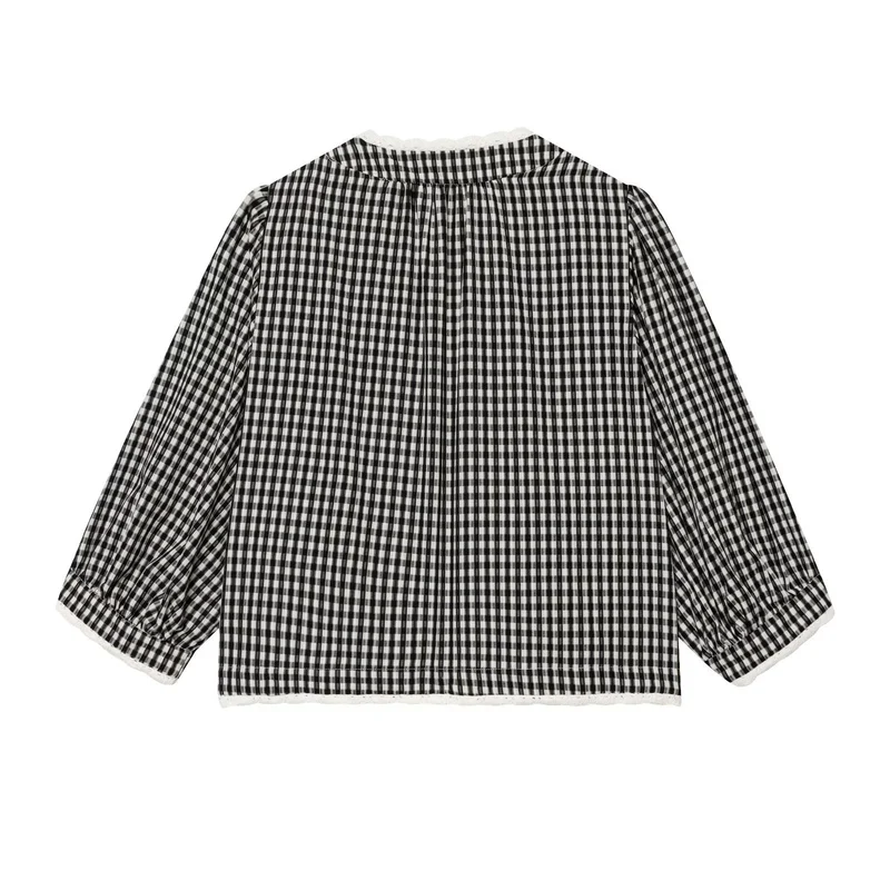 Damen Karierte Baumwollbluse mit Häkelspitze, Bindeband und dreiviertelärmeln Drune