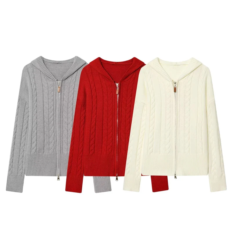 Damen Kapuzen-Strickjacke mit Zopfmuster und durchgehendem Reißverschluss Drune
