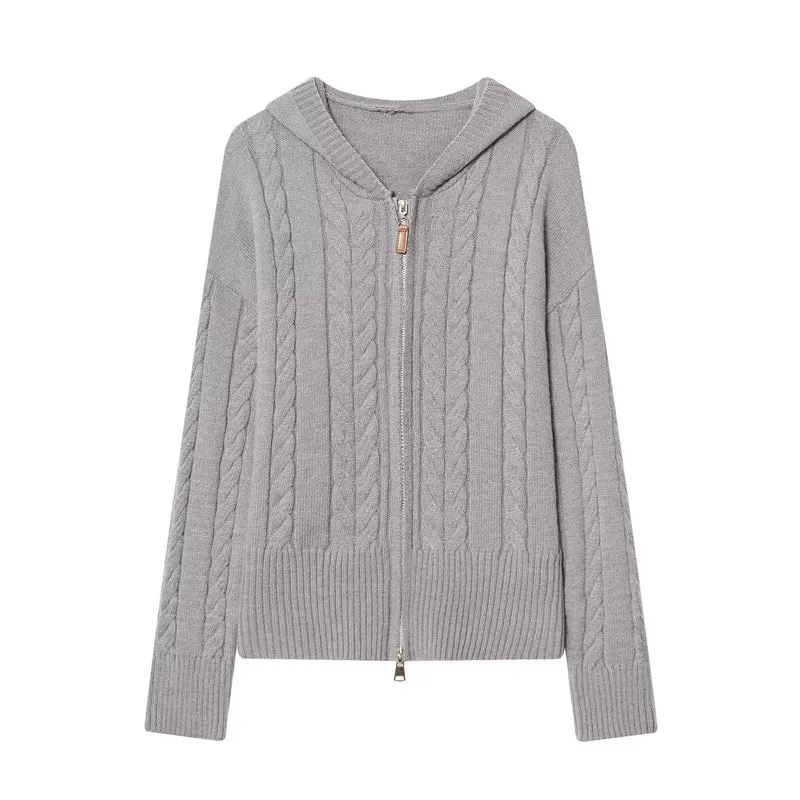 Damen Kapuzen-Strickjacke mit Zopfmuster und durchgehendem Reißverschluss Drune