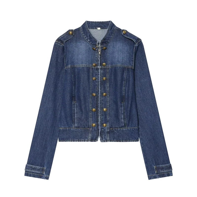 Damen Jeansjacke im Militärstil mit Stehkragen und Zierknopfleiste Drune
