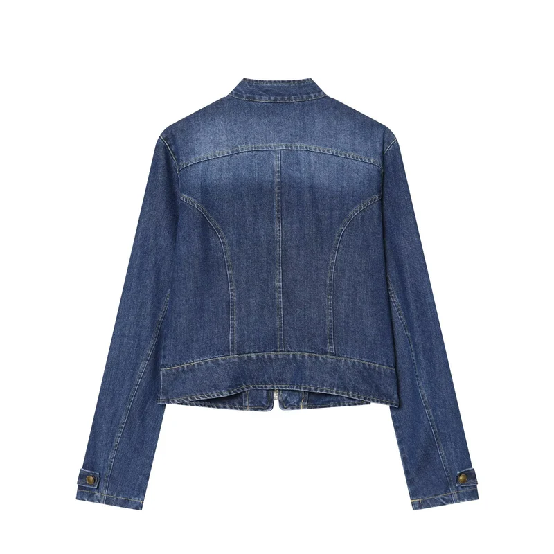 Damen Jeansjacke im Militärstil mit Stehkragen und Zierknopfleiste Drune
