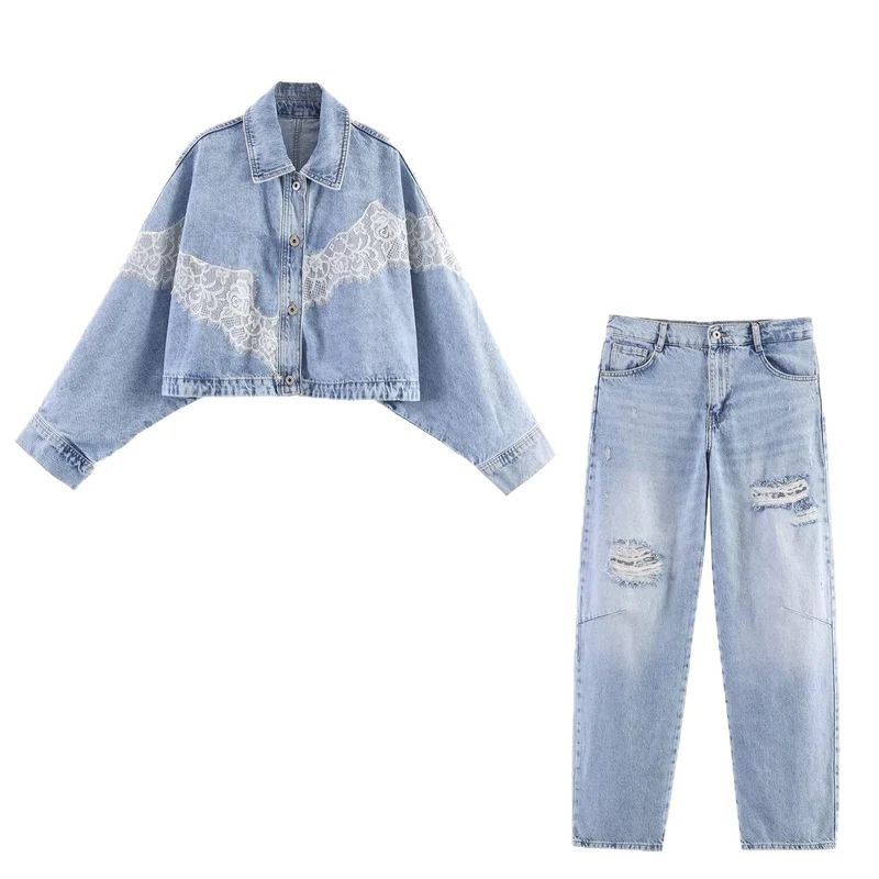 Damen Jeans-Set mit Cropped-Jeansjacke und lässiger High-Waist-Jeans Drune