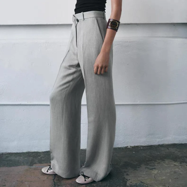 Damen Hochtaillierte weite Stoffhose mit geradem Bein und Seitentaschen Drune