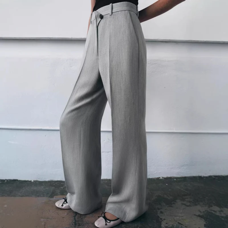 Damen Hochtaillierte weite Stoffhose mit geradem Bein und Seitentaschen Drune