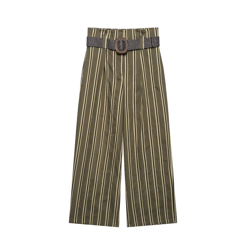 Damen Hochtaillierte weite Hose mit vertikalem Streifenmuster und Taillengürtel Drune