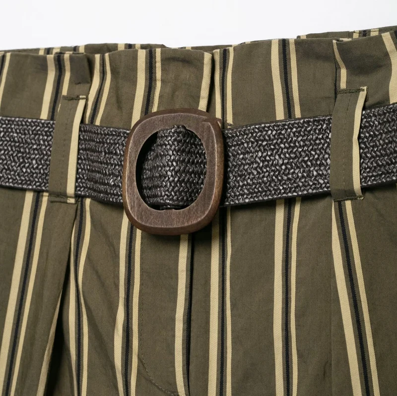 Damen Hochtaillierte weite Hose mit vertikalem Streifenmuster und Taillengürtel Drune