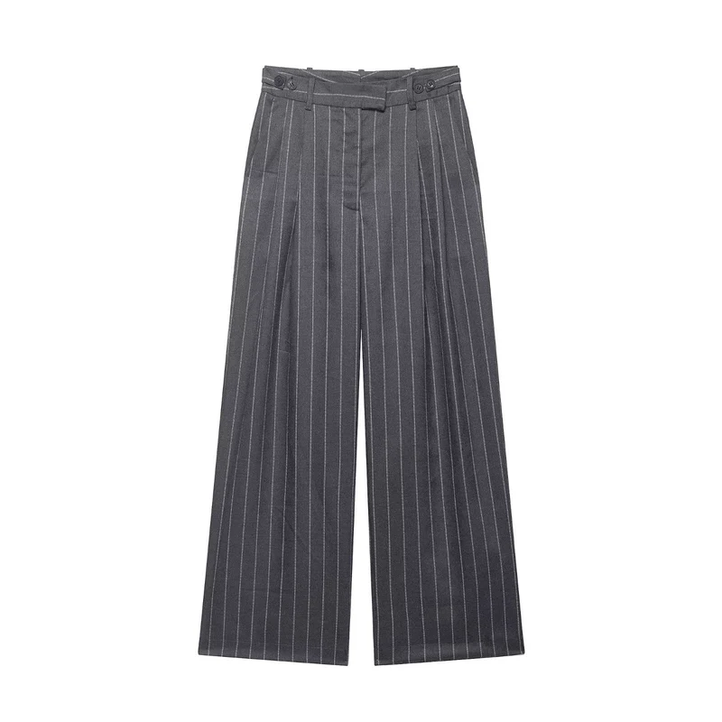Damen Hochtaillierte Marlenehose mit Nadelstreifen, Bügelfalten und weitem Bein Drune