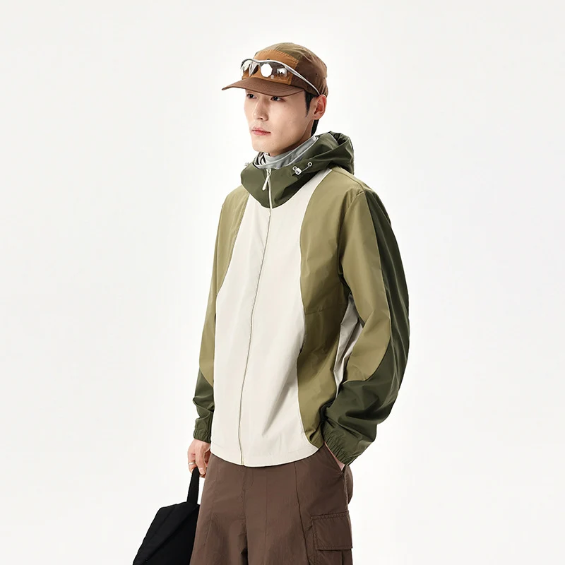 Herren leichte wasserabweisende Farbblock-Windjacke mit Kapuze und Reißverschluss Drune
