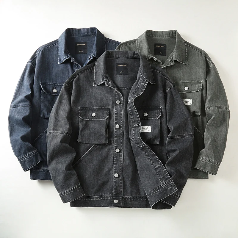 Herren Utility-Denimjacke mit Oversized-Brusttaschen und durchgehender Knopfleiste Drune