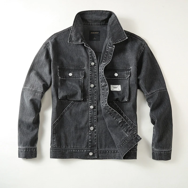 Herren Utility-Denimjacke mit Oversized-Brusttaschen und durchgehender Knopfleiste Drune
