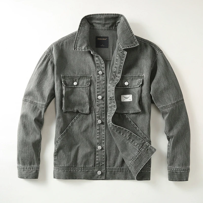 Herren Utility-Denimjacke mit Oversized-Brusttaschen und durchgehender Knopfleiste Drune