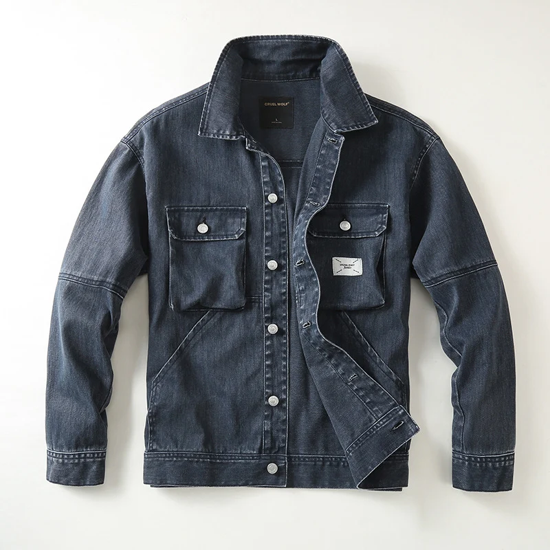 Herren Utility-Denimjacke mit Oversized-Brusttaschen und durchgehender Knopfleiste Drune