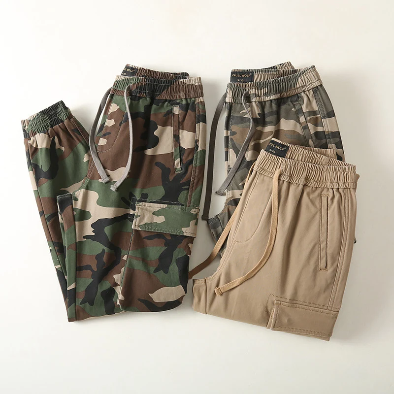 Herren Slim-Fit Cargohose im Tarnmuster mit elastischem Tunnelzugbund und verstärkten Knien Drune