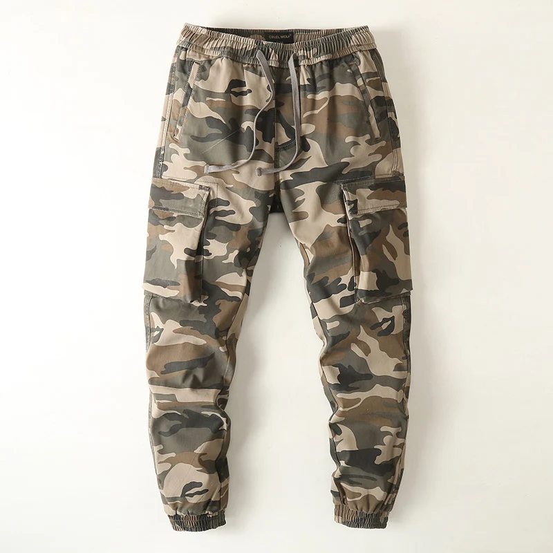Herren Slim-Fit Cargohose im Tarnmuster mit elastischem Tunnelzugbund und verstärkten Knien Drune