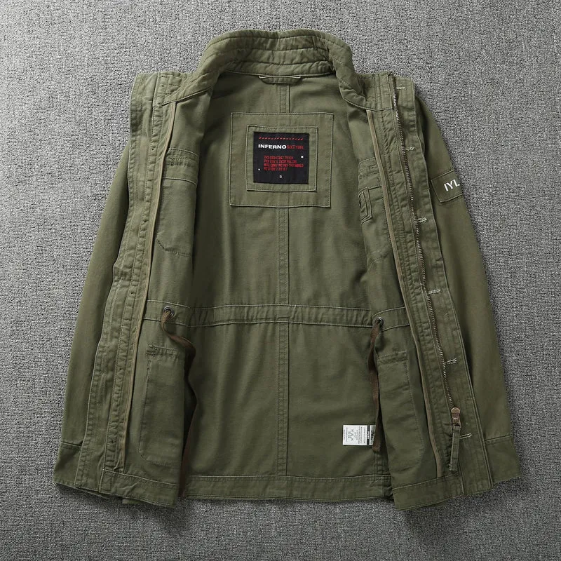 Herren Militärische Feldjacke aus Baumwoll-Mix mit Stehkragen und Multifunktionstaschen Drune