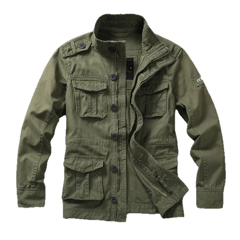 Herren Militärische Feldjacke aus Baumwoll-Mix mit Stehkragen und Multifunktionstaschen Drune