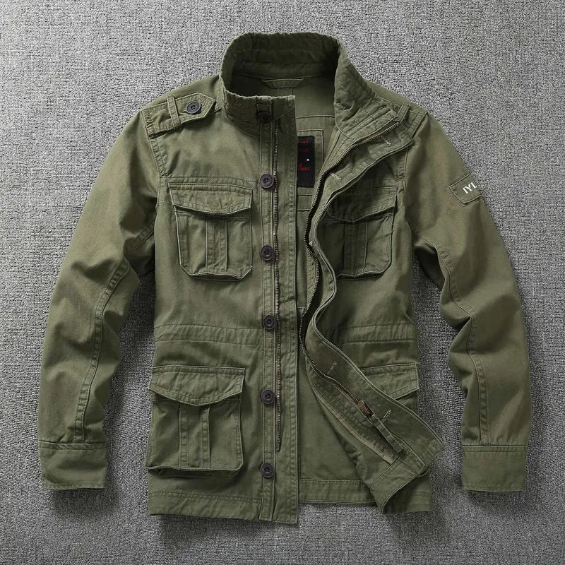 Herren Militärische Feldjacke aus Baumwoll-Mix mit Stehkragen und Multifunktionstaschen Drune