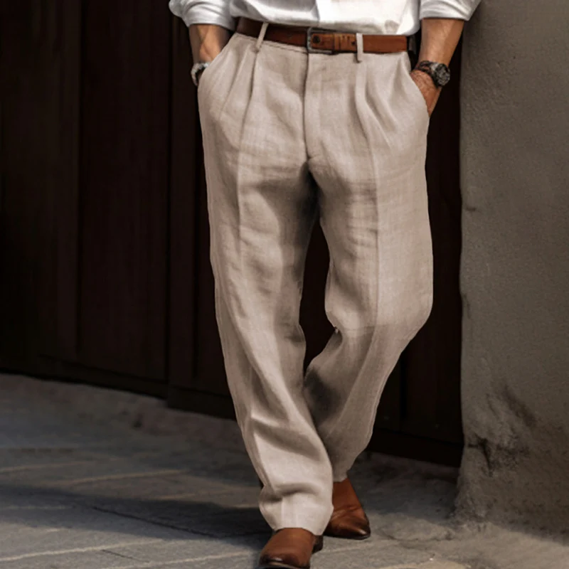 Herren Leinenmischung Plissee-Hose mit weitem Bein und hoher Taille Drune