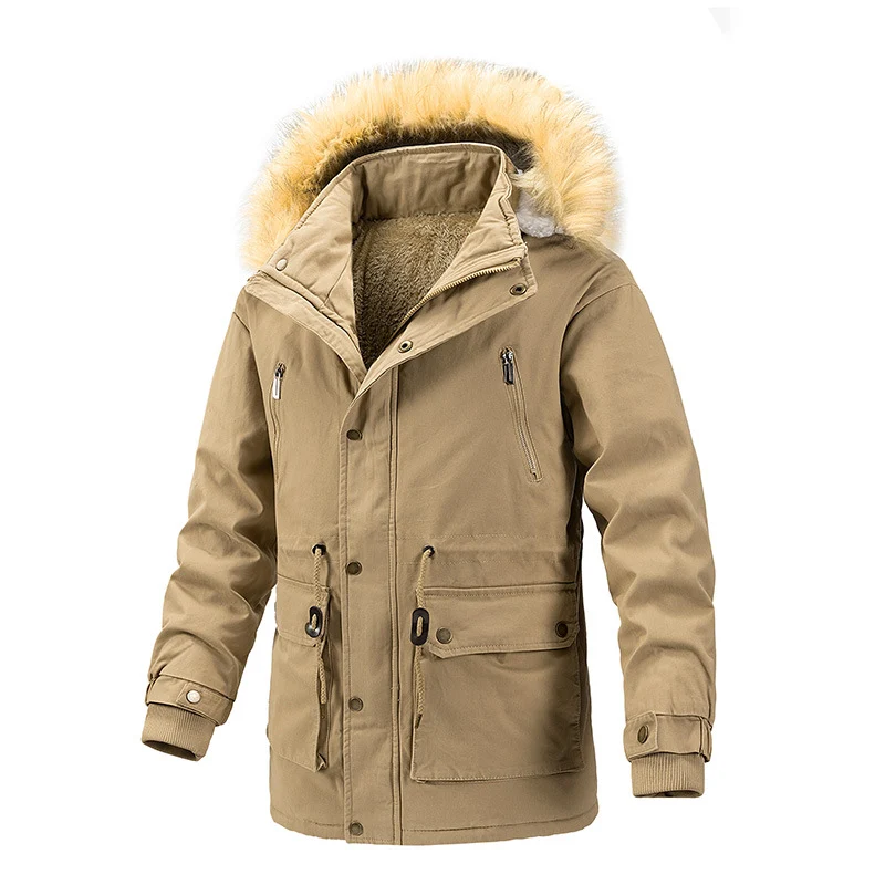 Herren Winterschutz-Parka mit wärmendem Teddyfutter abnehmbarer Kunstfellkapuze und verstärkten Utility-Taschen Drune