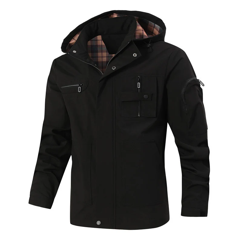 Herren Winddichte Softshelljacke mit Kapuze, kariertem Innenfutter und Multifunktionstaschen Drune