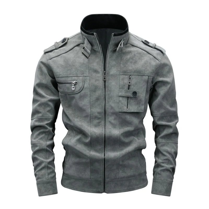 Herren Wildlederoptik-Fieldjacke mit Stehkragen, Schulterklappen und multiplen Reißverschlusstaschen Drune
