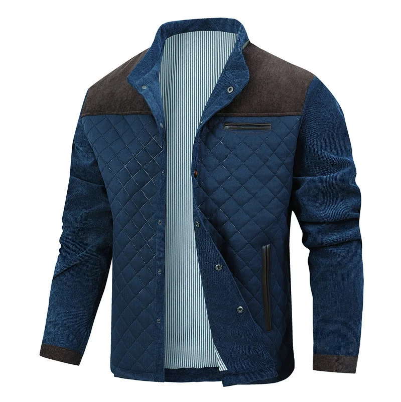 Herren Steppjacke im Cord-Mix mit Kontrast-Schulterpartie und verdeckter Druckknopfleiste Drune