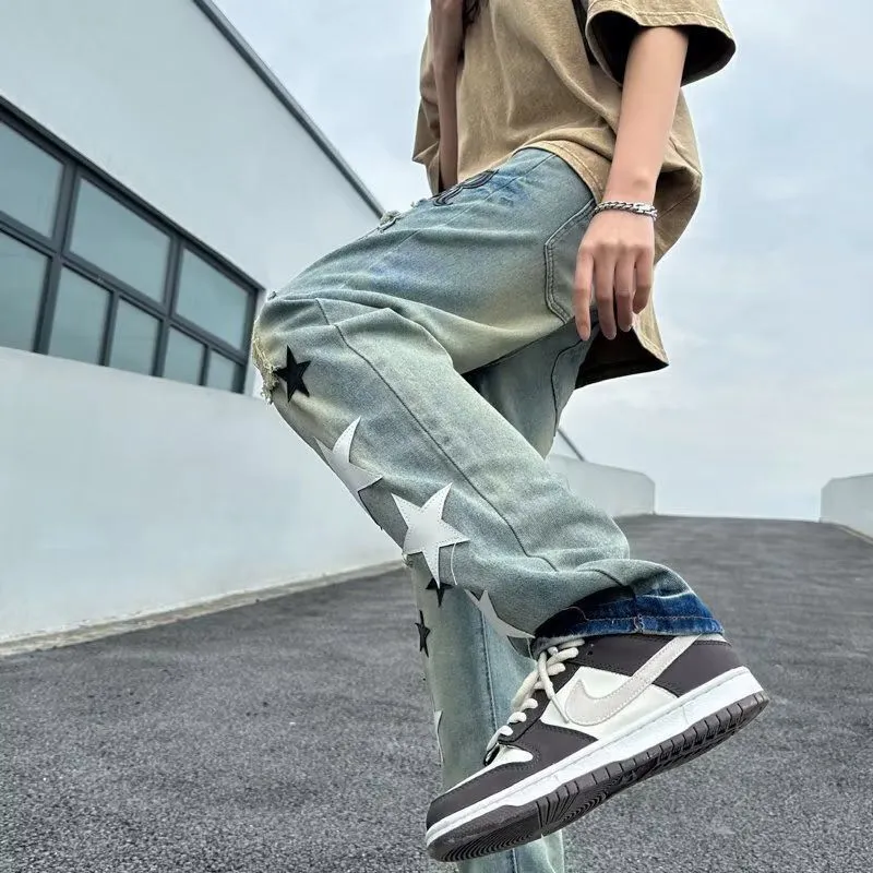 Herren Lässige Distressed Jeans mit Sternenapplikationen Drune