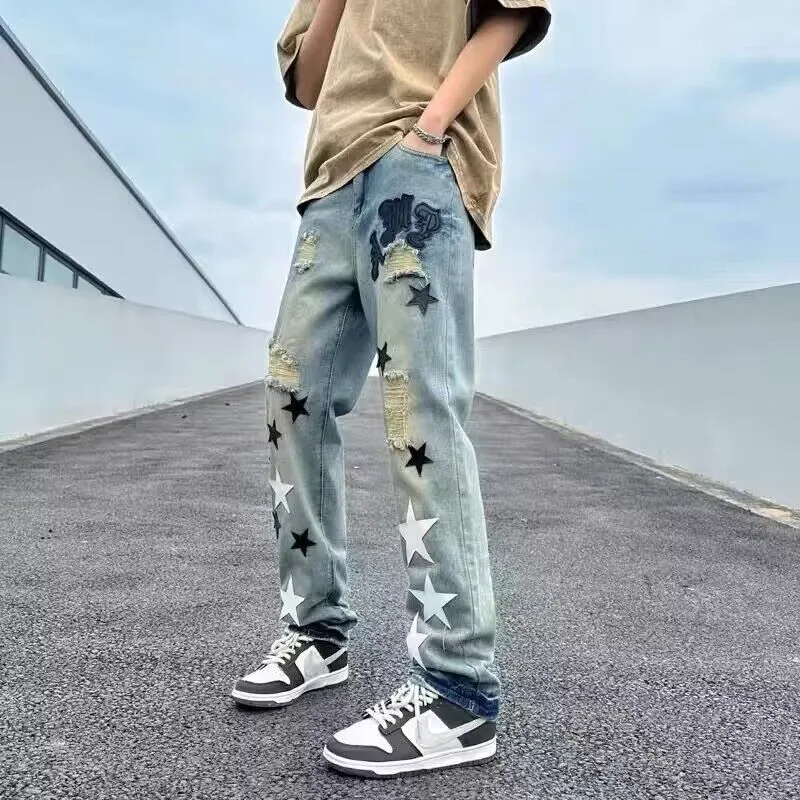 Herren Lässige Distressed Jeans mit Sternenapplikationen Drune