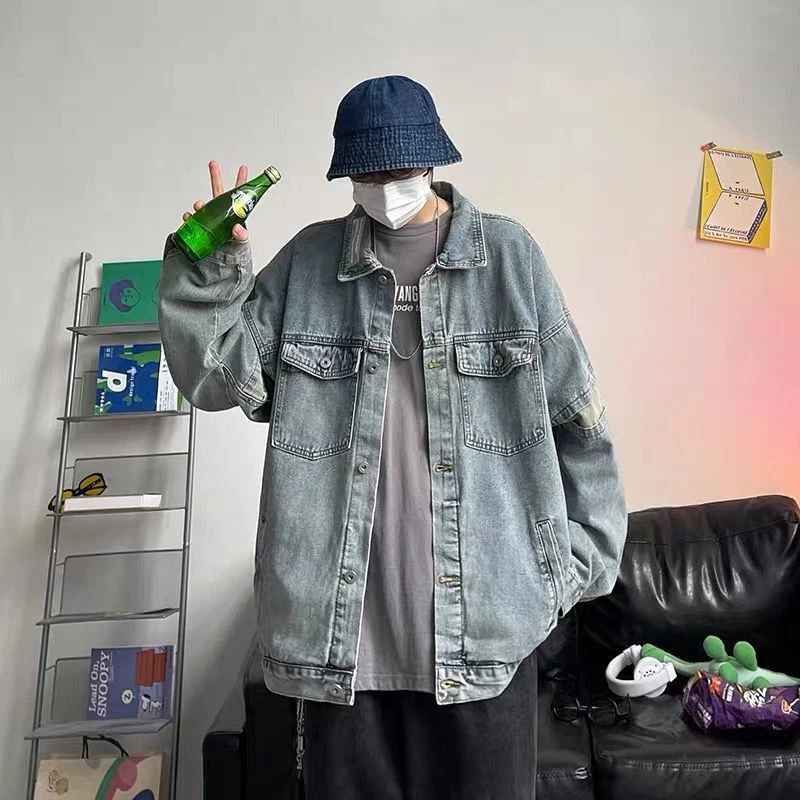 Herren Lässige Denimjacke mit tiefem Kragen Drune